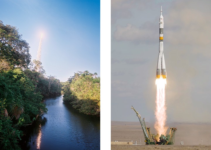 Photographs of an Ariane 5 launch from French Guiana and a Soyuz launch from kazakhstan
