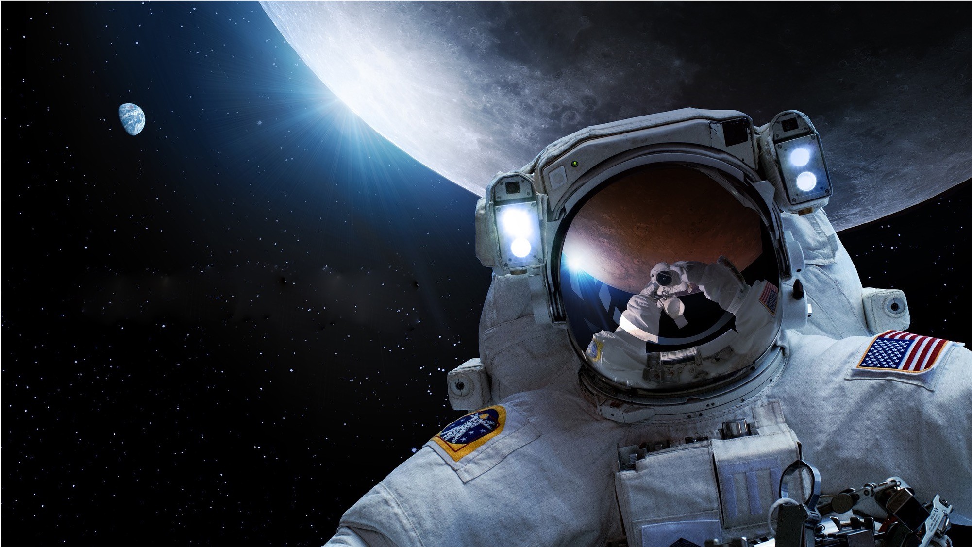 Astronauts on spacewalk exploring outside ISS
