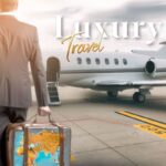 Man with his suitcase walking toward his private jet, Luxury Travel Agency
