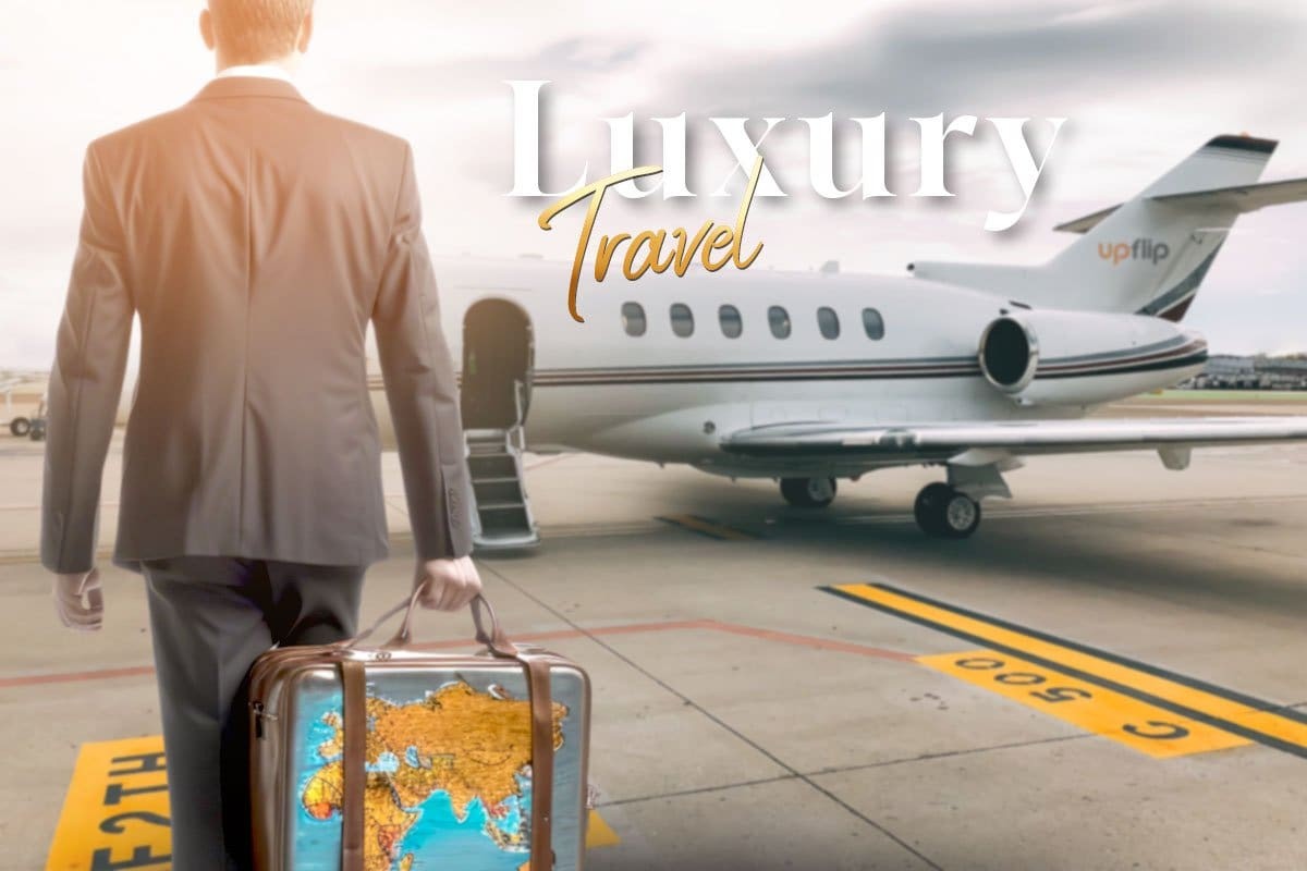 Man with his suitcase walking toward his private jet, Luxury Travel Agency