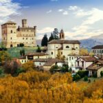 Castello di Grinzane and village in Piedmont, Italy. The Piedmont region of Italy is known for its wines.