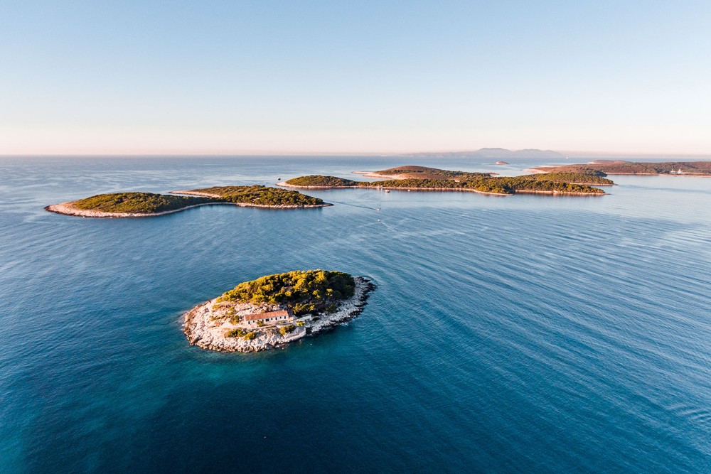Aerial view of Hvar island in Croatia. On Hvar, it's still swimsuit season, but the crowds are gone.