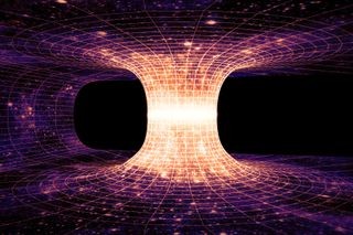 Illustration of a wormhole's tunnel linking two distant points in spacetime, a theoretical shortcut for interstellar travel