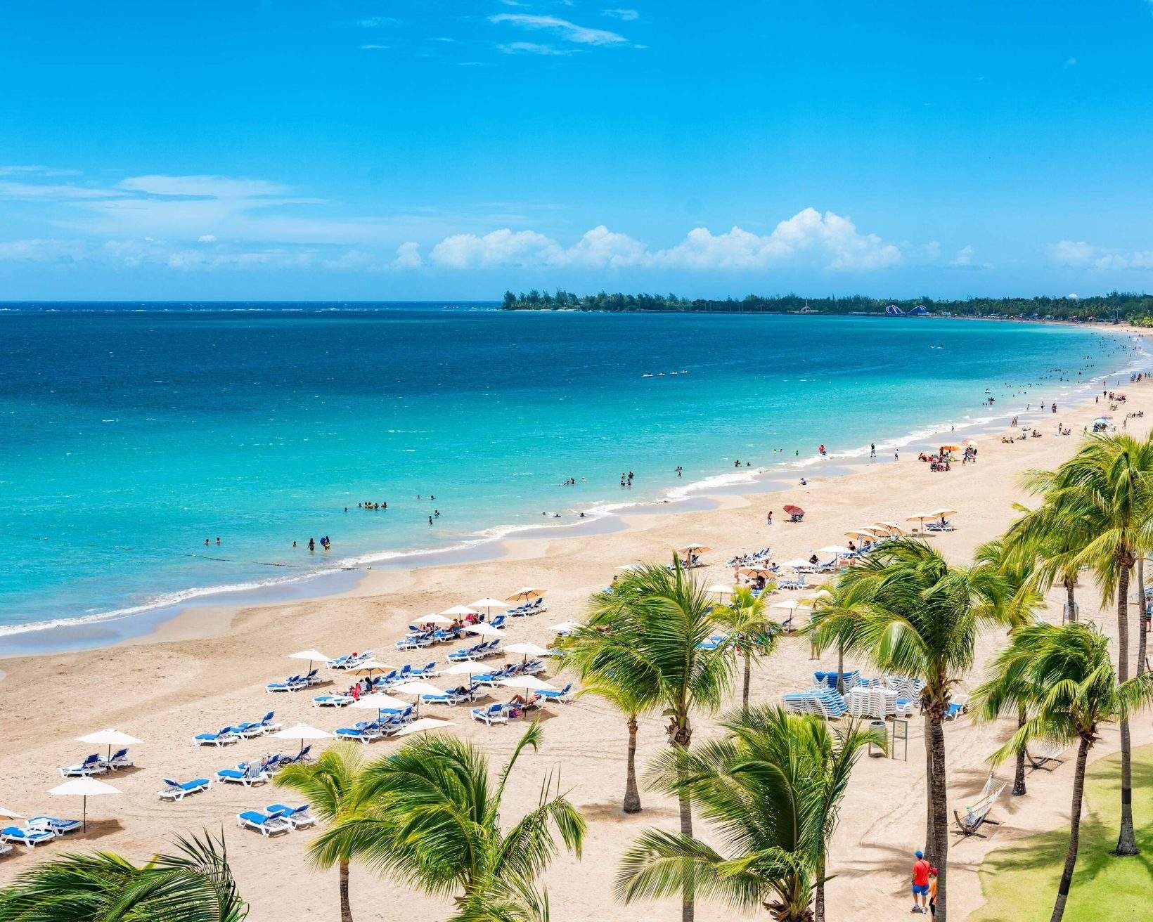 A coconut-tree lined beach equipped with umbrellas and loungers perfect for watching the waves crash on the shore, ideal for a relaxing stay in Isla Verde