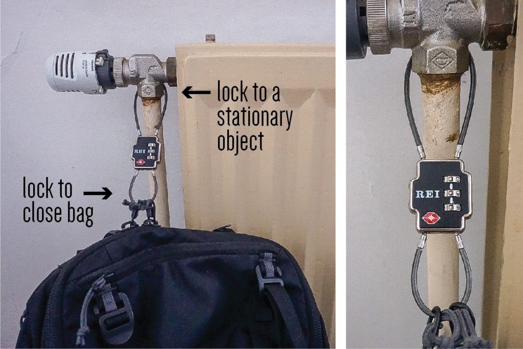 Double-sided cable lock securing travel backpack, essential for preventing theft by connecting zipper pulls.
