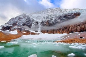 Mount Edith Cavell in Jasper National Park, Alberta, showcasing the Angel Glacier and the serene winter landscape.