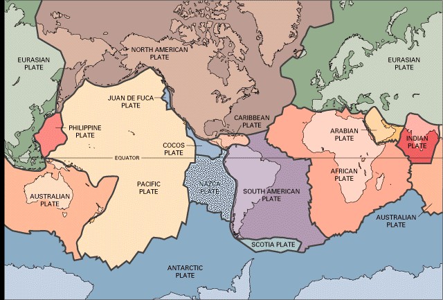 Map of Earth showing the distribution of tectonic plates, with earthquake activity concentrated along plate boundaries