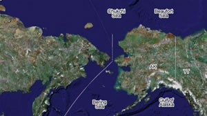 Map of the Bering Strait showing the proximity of Alaska and Russia