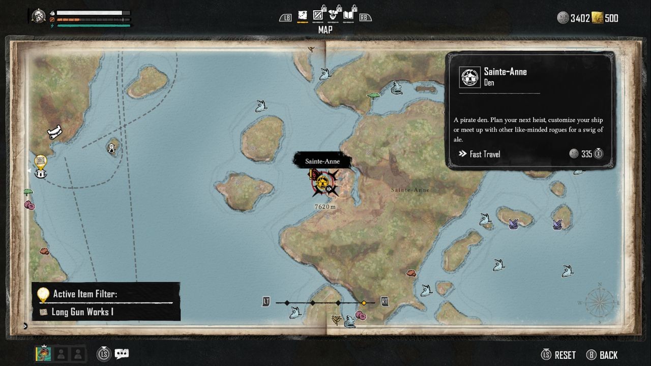 Sainte-Anne highlighted on the Skull and Bones map, revealing the ability to Fast Travel in the location