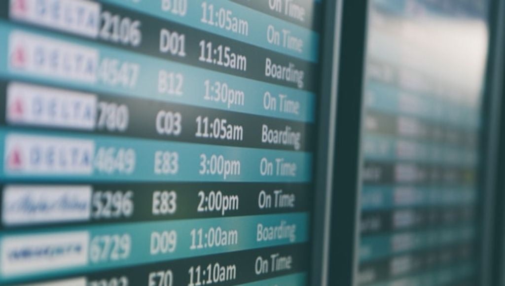 Airport departure screens displaying flight information