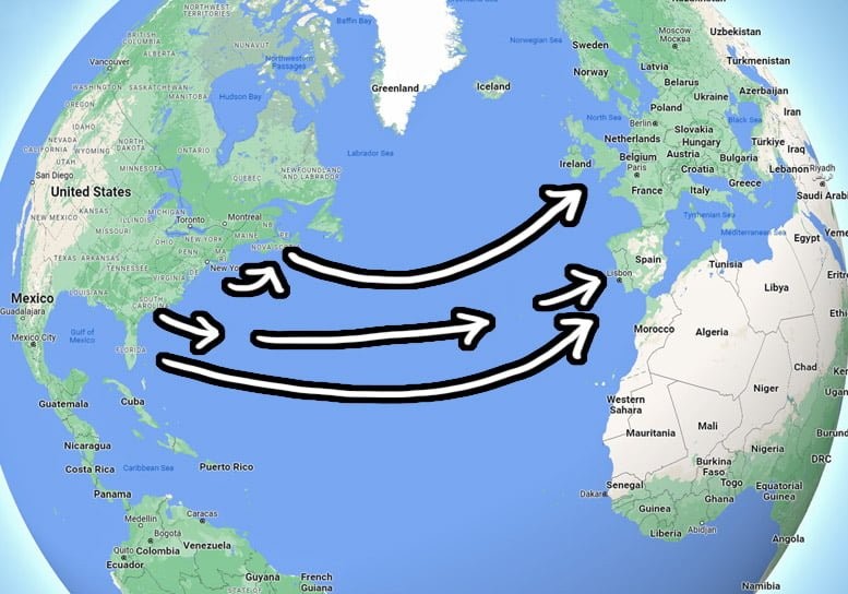 Map of popular flightless travel routes from the United States to Europe highlighting cruises, cargo ships, and sailing options