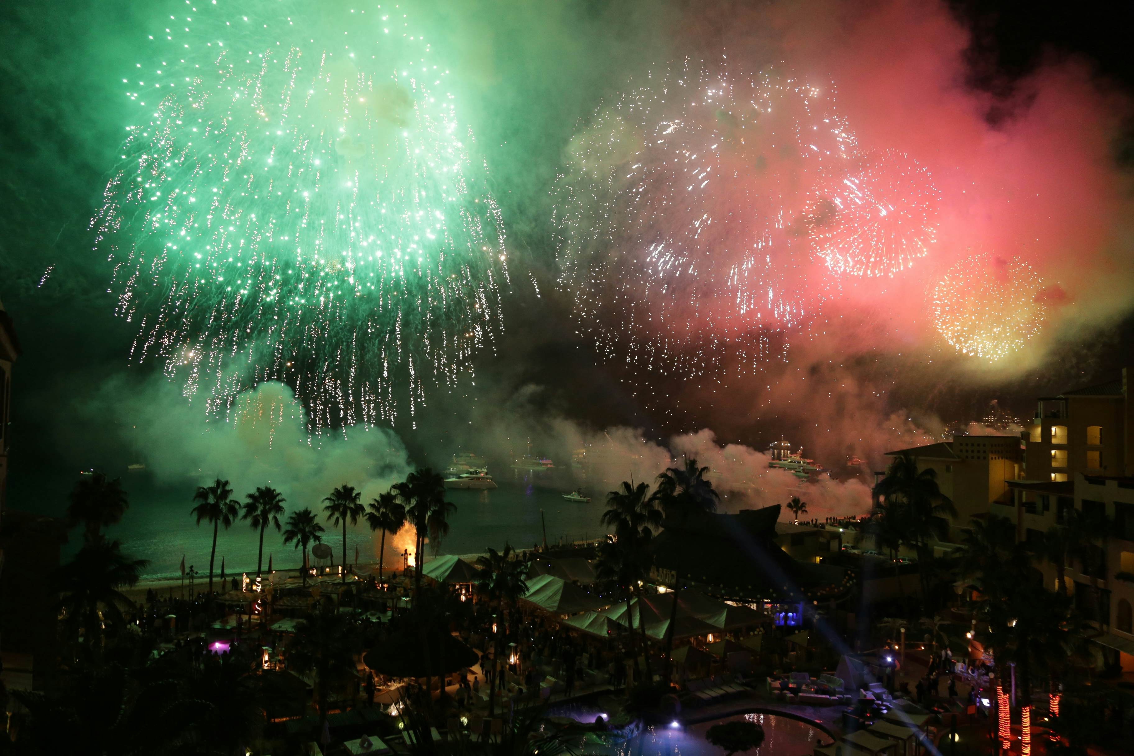 New Year’s fireworks illuminating Medano Beach in Cabo San Lucas, Baja California Sur, Mexico