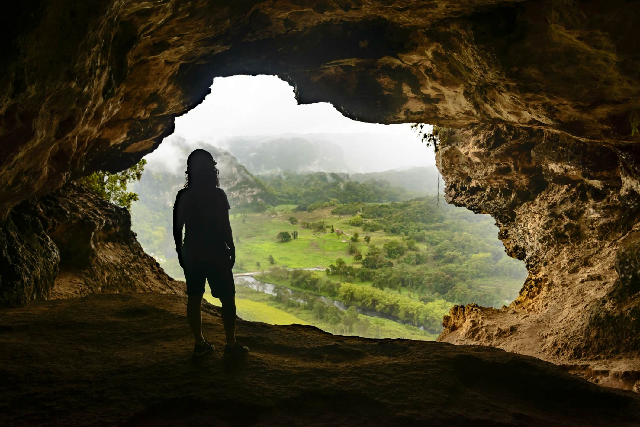 Silhouette of a person looking at a green valley from a cave