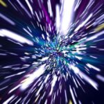 An illustration of stars as seen from a spacecraft moving at high speed; the stars appear as white trails
