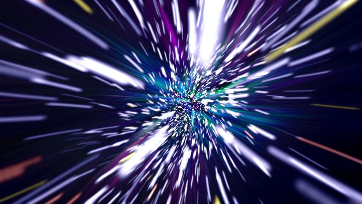 An illustration of stars as seen from a spacecraft moving at high speed; the stars appear as white trails