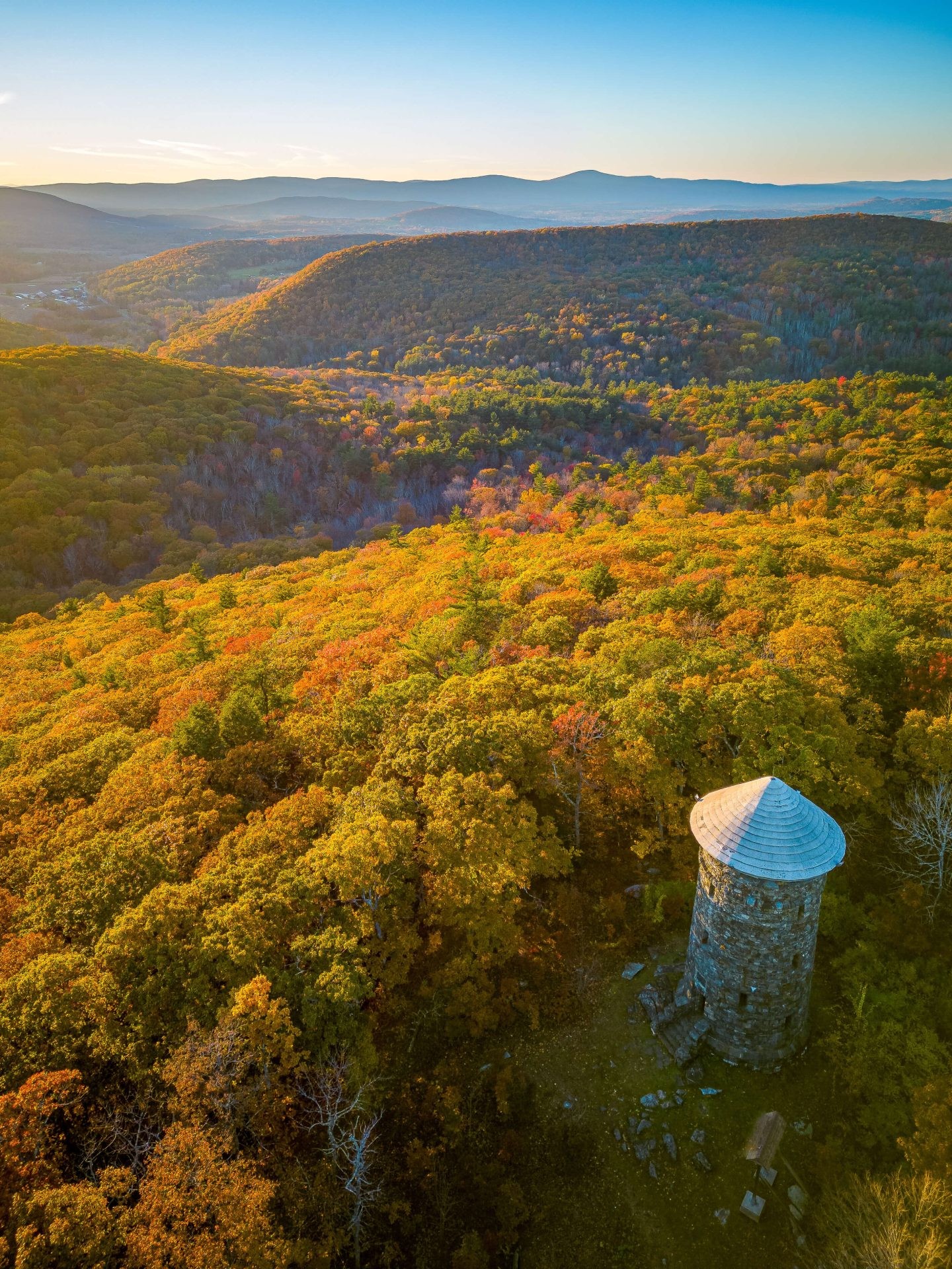 Haystack Mountain, Norfolk, Connecticut. A drone shot captures the fall foliage.