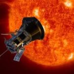 Parker Solar Probe approaching the sun, alt=Illustration of Parker Solar Probe nearing the sun, highlighting its mission to study solar activity and space weather.