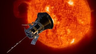 Parker Solar Probe approaching the sun, alt=Illustration of Parker Solar Probe nearing the sun, highlighting its mission to study solar activity and space weather.