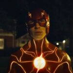 Close-up of The Flash running, lightning effects visible