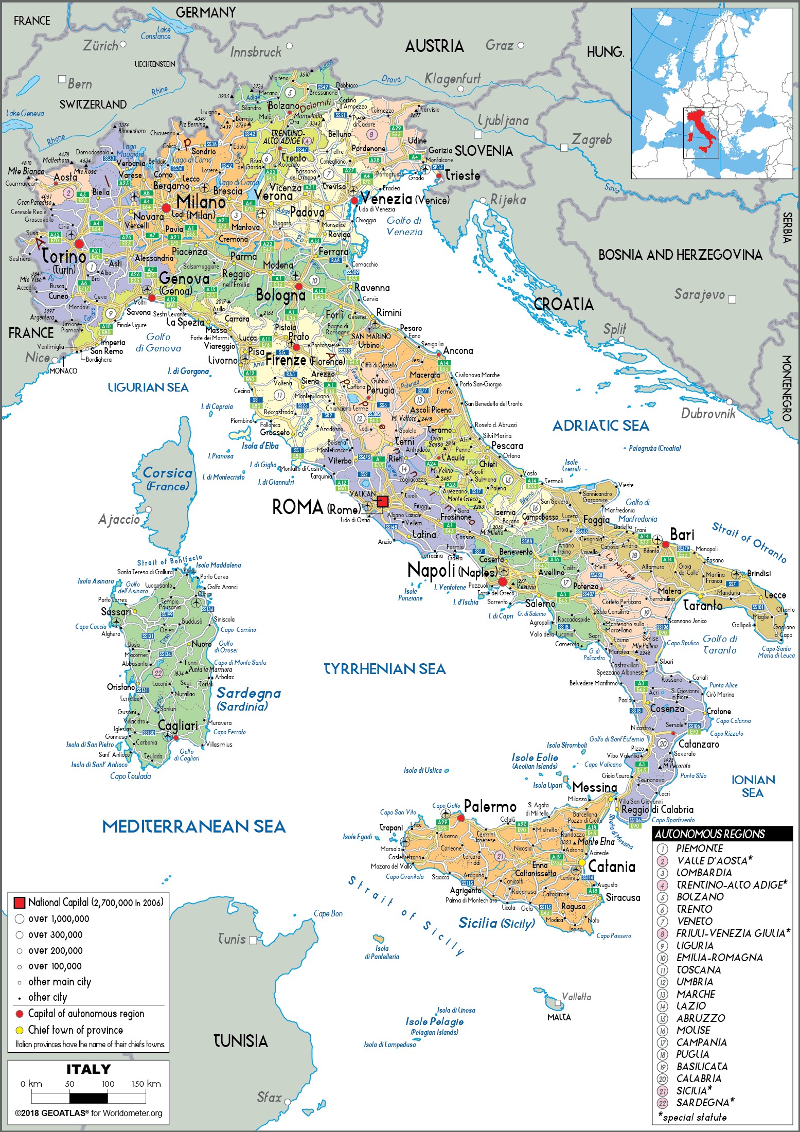 A map of Italy highlighting major cities, illustrating travel destinations within Italy