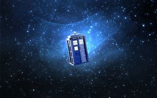 The TARDIS from Doctor Who materializing in a swirl of blue light, a symbol of whimsical time travel adventures