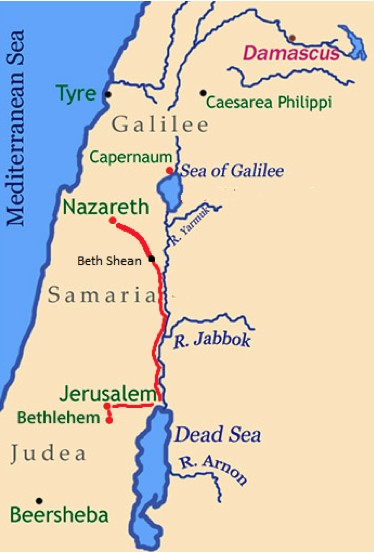 Mary and Joseph's journey, showcasing the route imagined by DePue, highlighting potential daily segments and considerations for Mary's needs and terrain challenges
