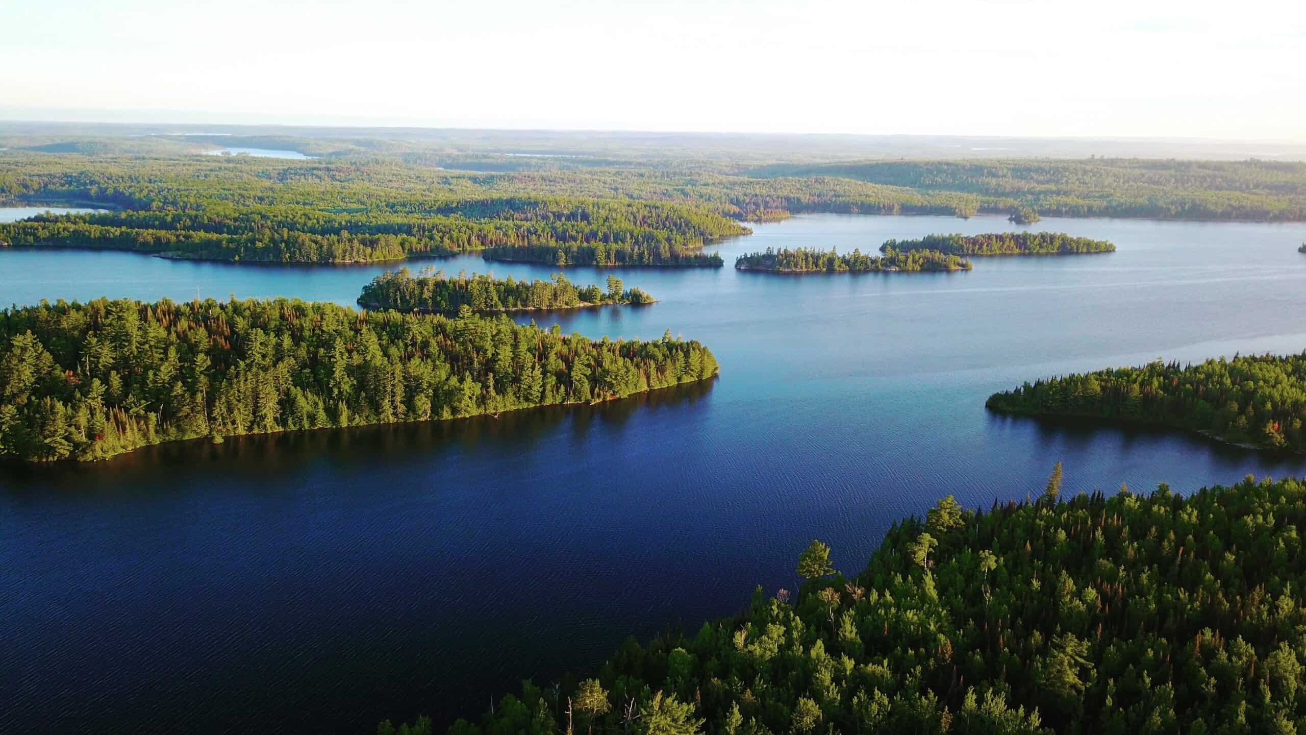 Moose Lake in Ely showing the calm lake waters and surrounding green forests.