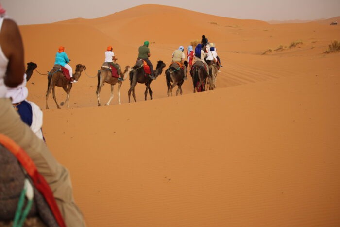 Sunset camel rides in the Sahara Desert, with silhouetted figures against the colorful sky.