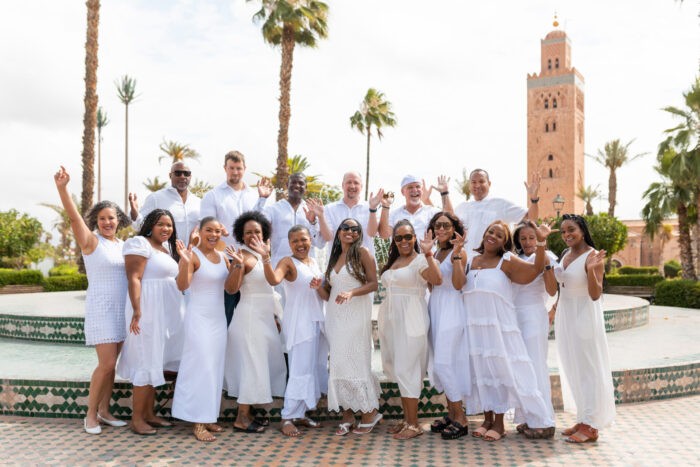 Marrakech Group Trip with Kutubiyaa minaret in the background.