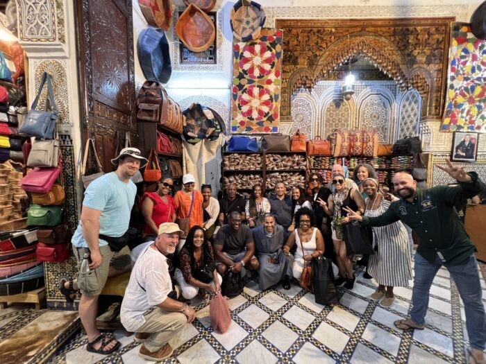 Moroccan leather shop featuring colorful handmade leather goods.