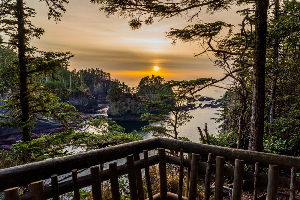 A beautiful sunset on the ocean among the rocks in Olympic Peninsula, Washington. Sunsets are spectacular in the area in October.