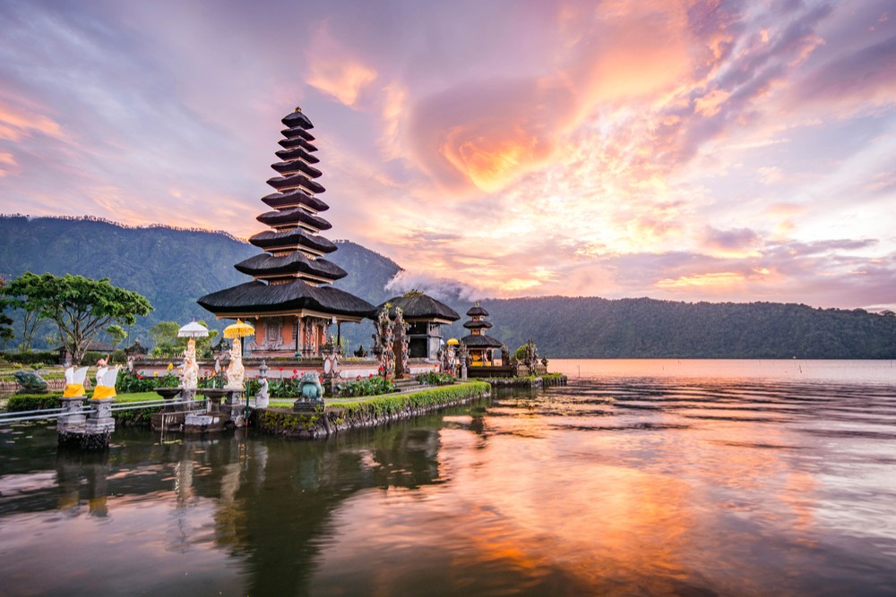 Pura Ulun Danu Bratan, Hindu temple on Bratan lake landscape in Bali. The Hindu temple is a popular attraction in Bali.