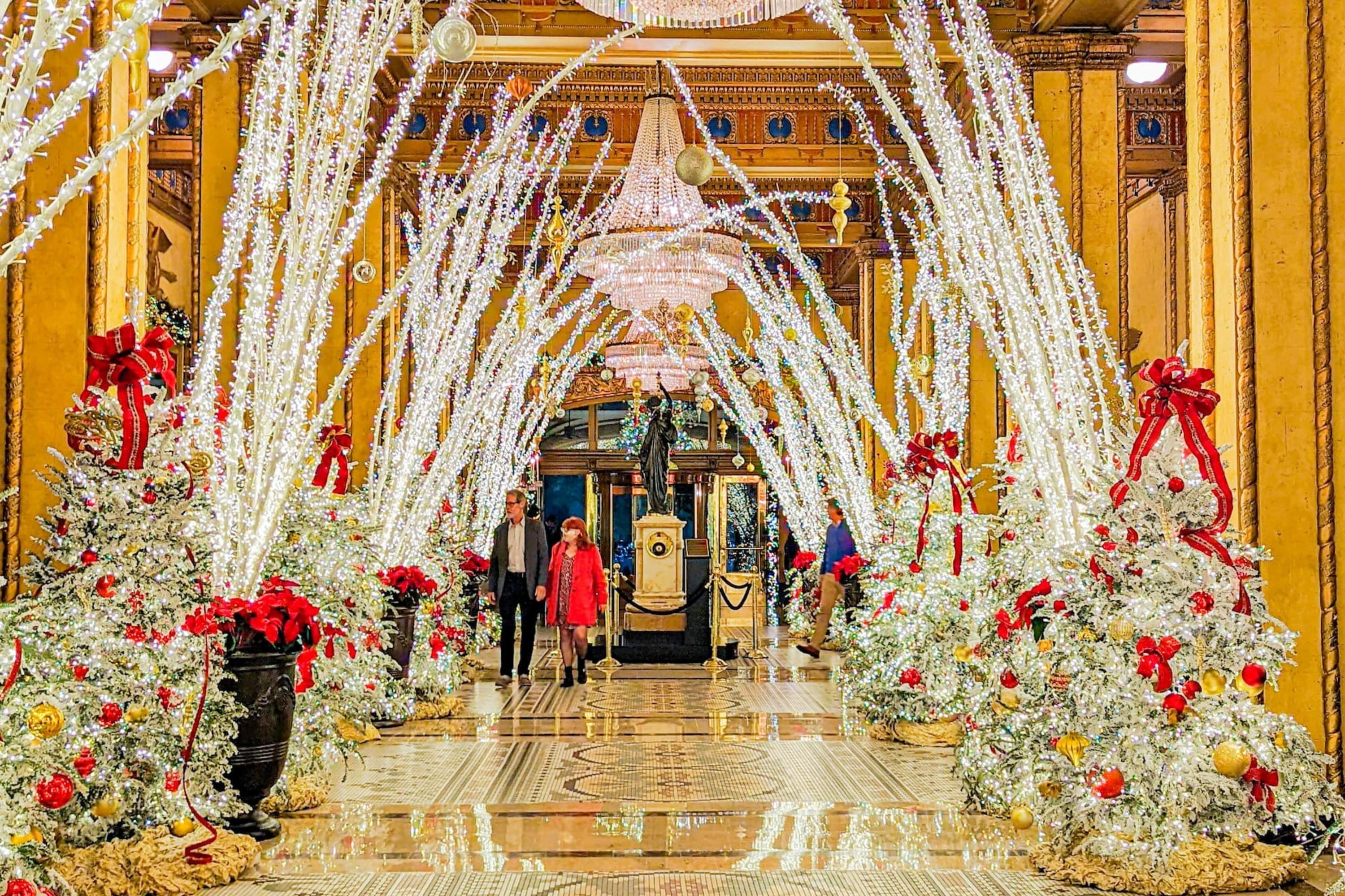 Elaborate Christmas decorations at The Roosevelt hotel
