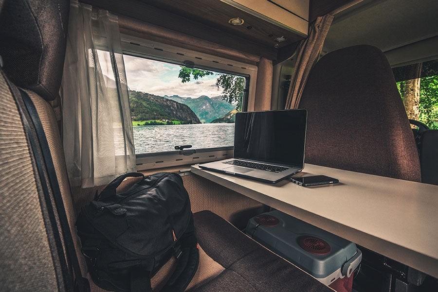 Travel trailer in a scenic campground