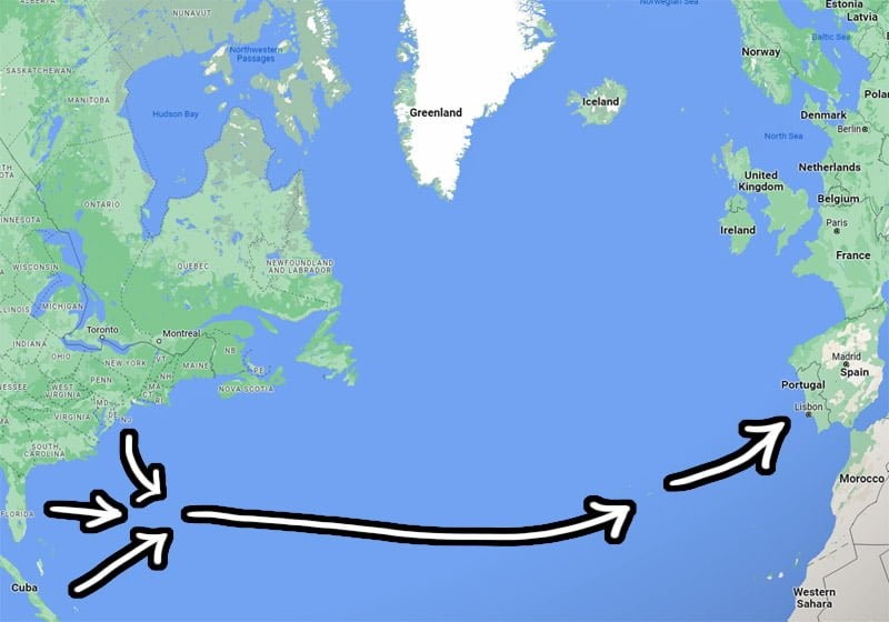 Sailing routes from US East Coast to Bermuda and onwards to Azores and Europe, highlighting the stages of a transatlantic sail