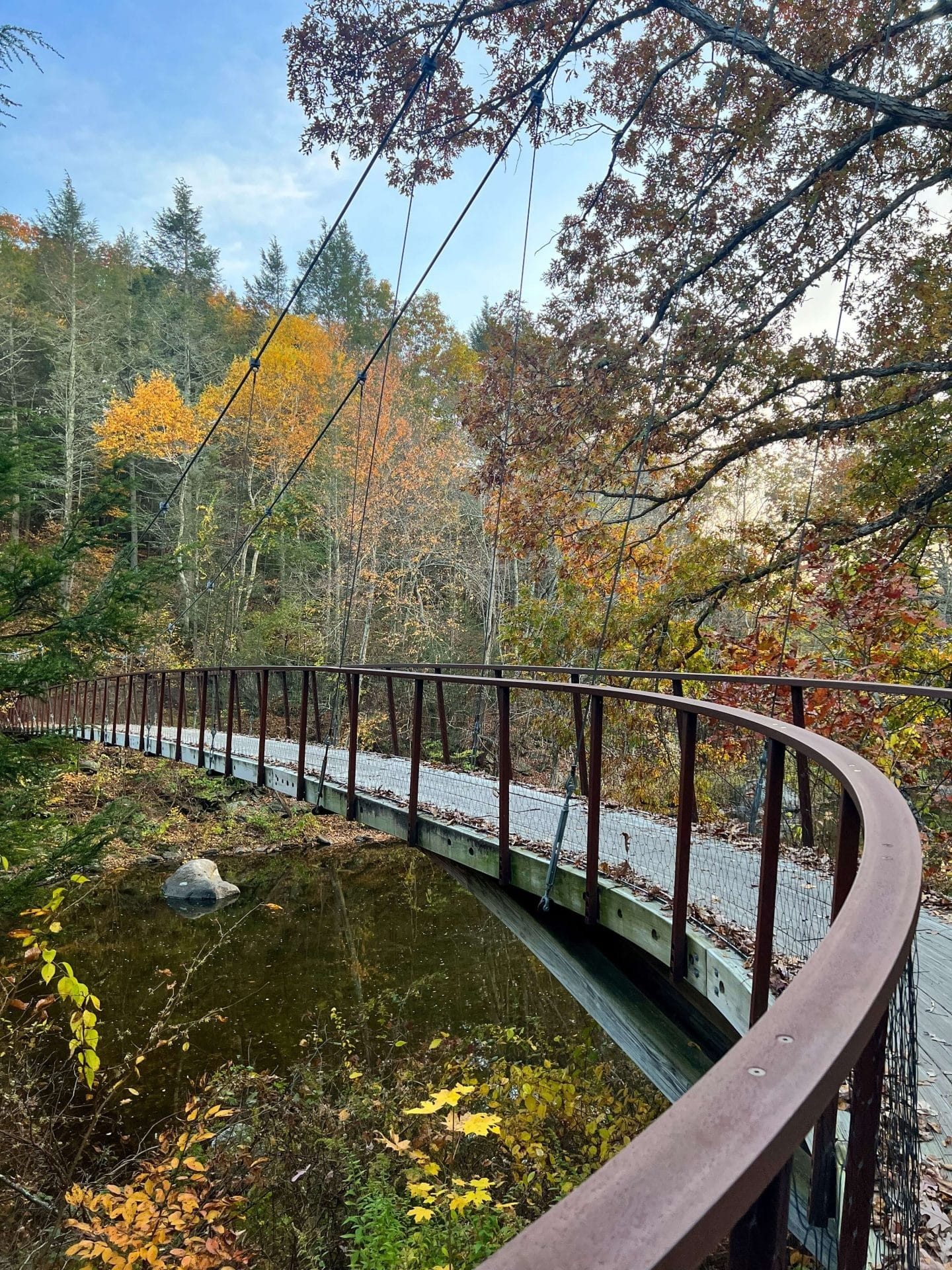 Hidden Valley Preserve Hanging Bridge, Washington Depot, Connecticut. The bridge spans over the Shepaug River.