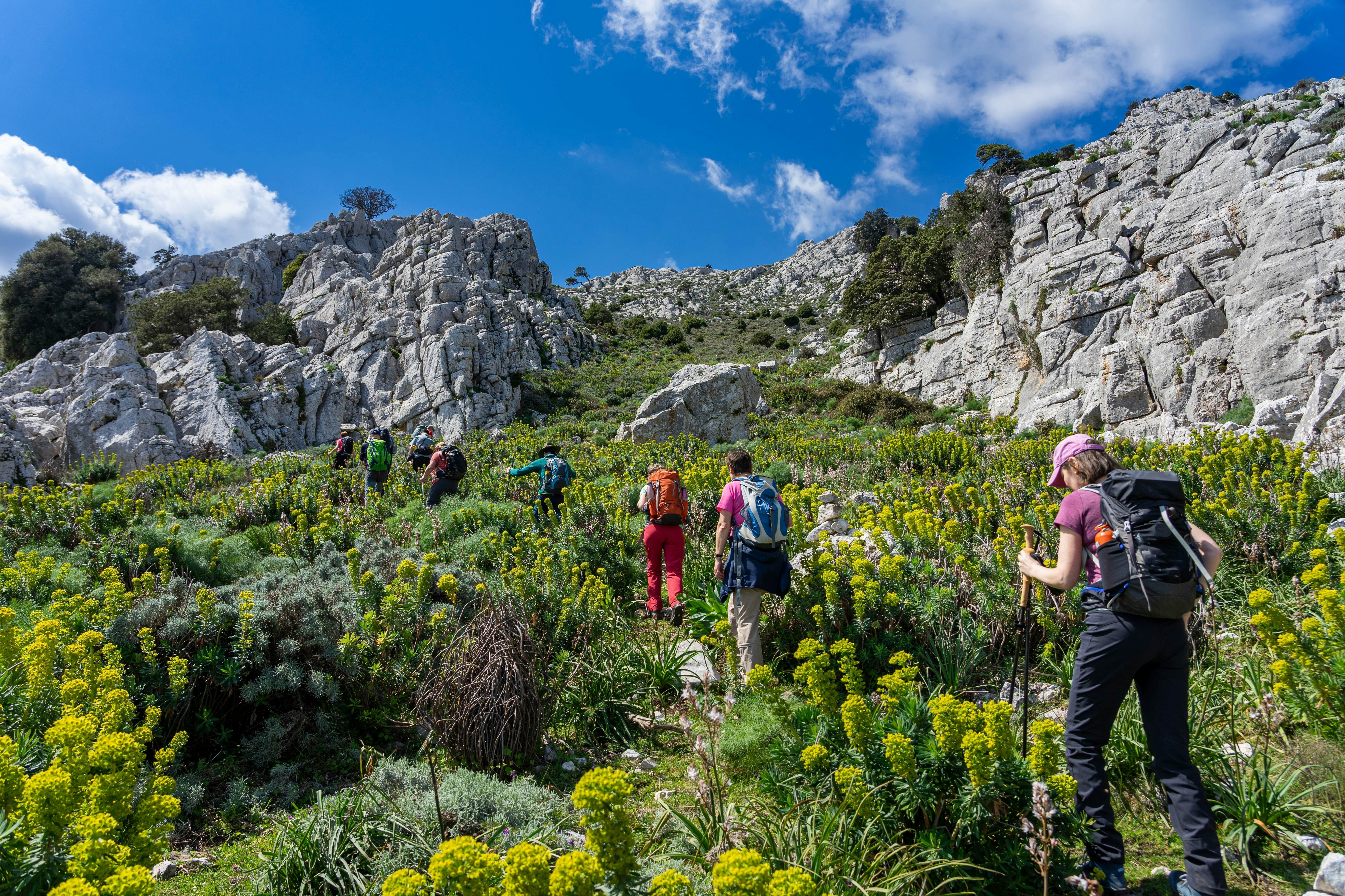 Hikers traverse the rugged terrain of Gola di Gorropu, Sardinia, Italy