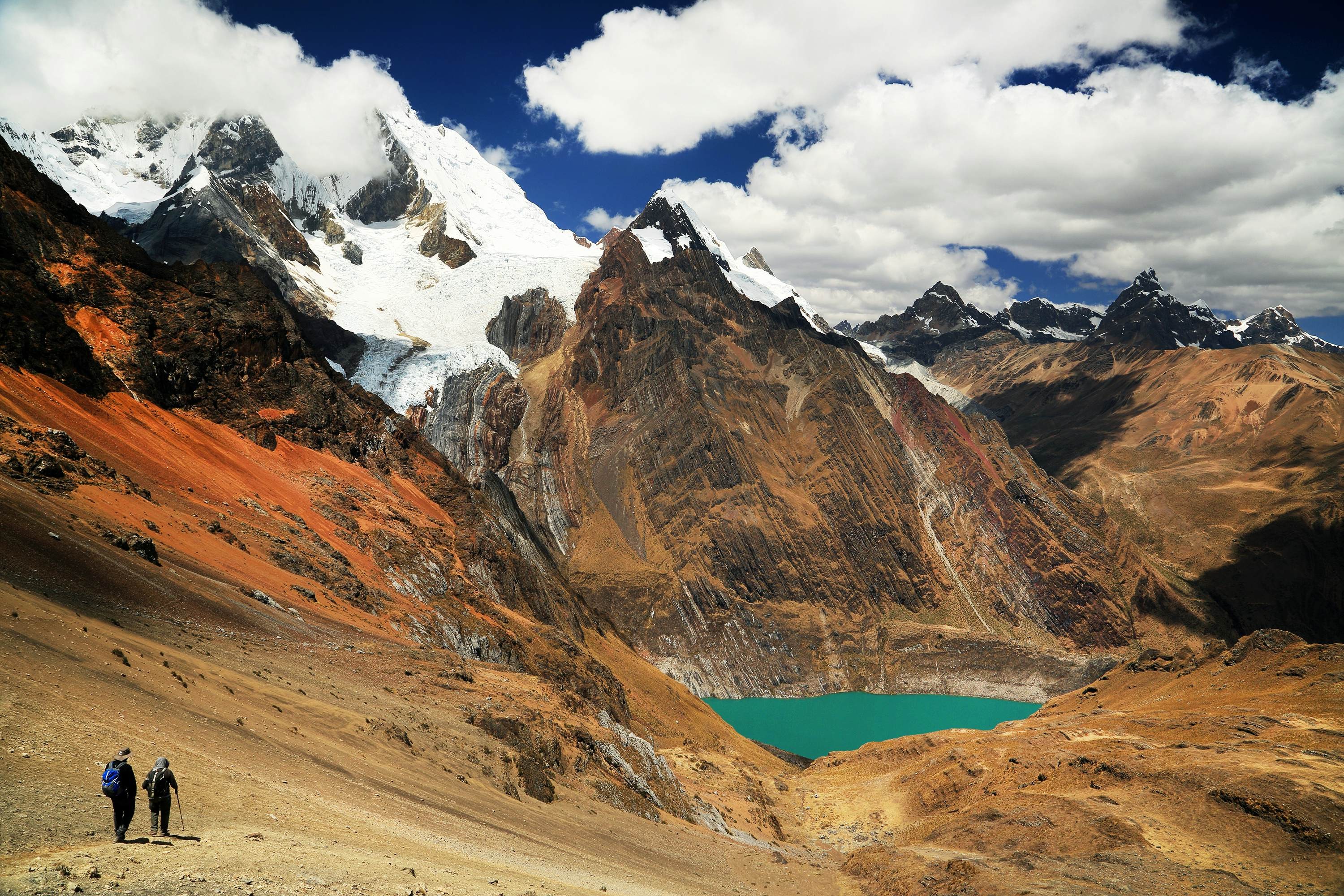 Group of hikers in the Cordillera Huayhuash, Peru, showcasing the stunning mountain scenery and challenging terrain.