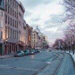 Cobblestone street in Old Montreal with historic buildings