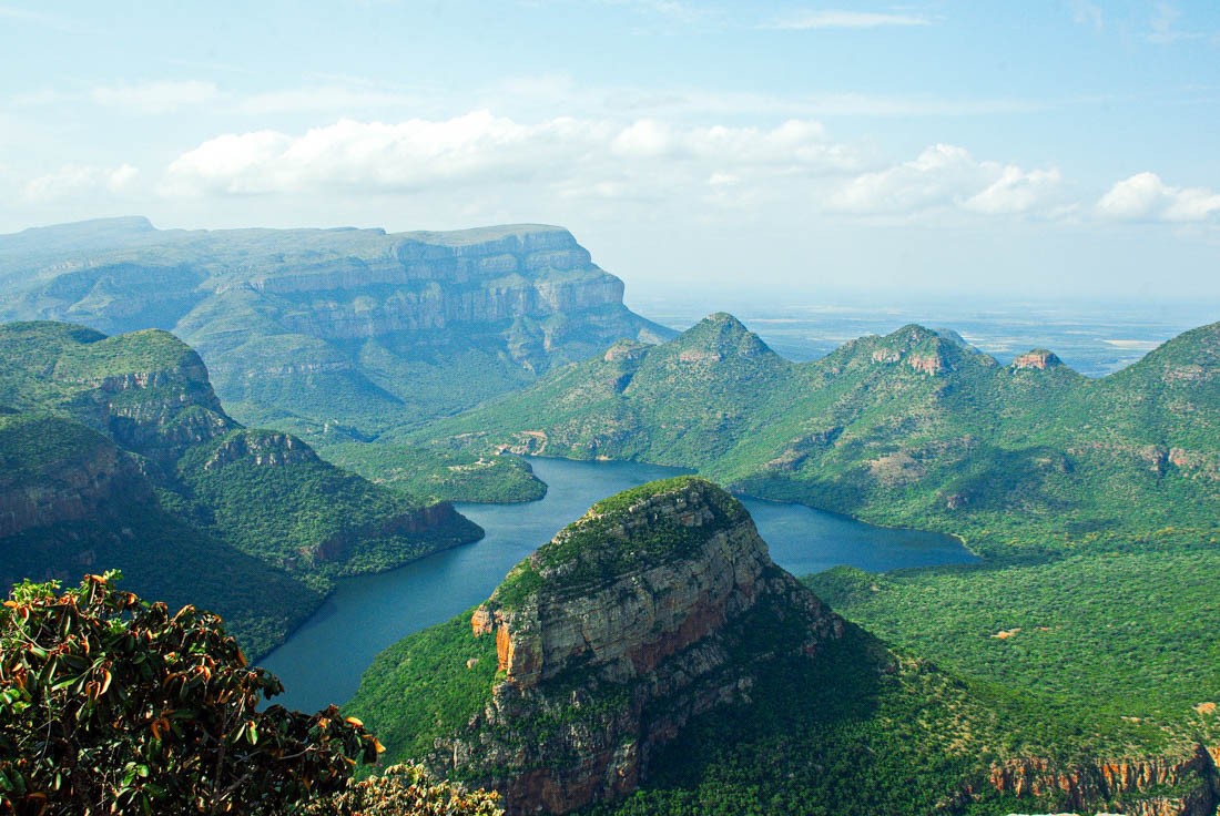 Drakensberg Mountains, South Africa. The dramatic mountain range with its distinctive peaks and valleys, under a clear blue sky