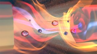 Conceptual image of sound traveling between two crystals, demonstrating the transmission of sound waves across a vacuum using zinc oxide crystals.