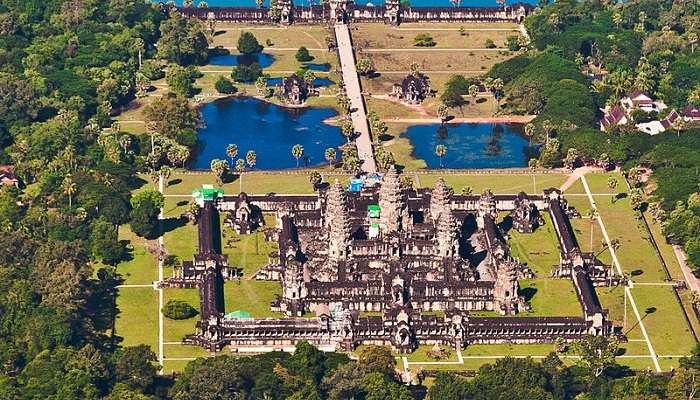 Aerial view of Angkor Wat, Siem Reap, Cambodia showcasing the vast temple complex