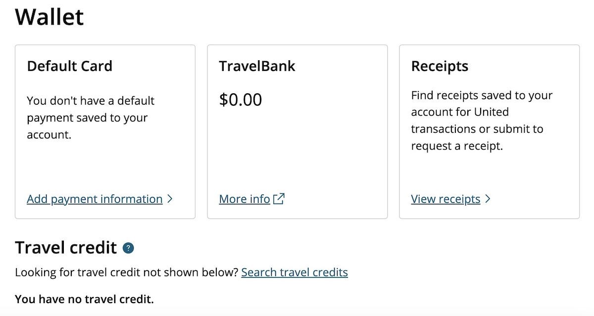 Screenshot of United Airlines MileagePlus account showing where to find travel credits