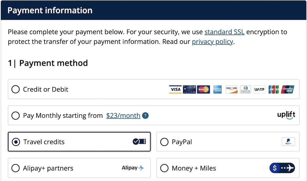 Screenshot of the United Airlines payment page showing the option to redeem travel credits