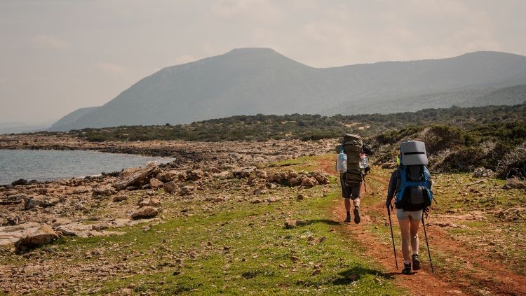 Solo traveler and companion hiking through scenic terrain