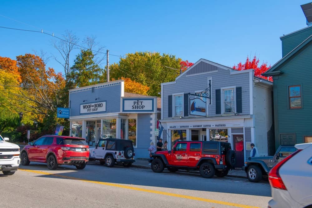 A street in Wolfeboro, New Hampshire, showing its vintage charm.